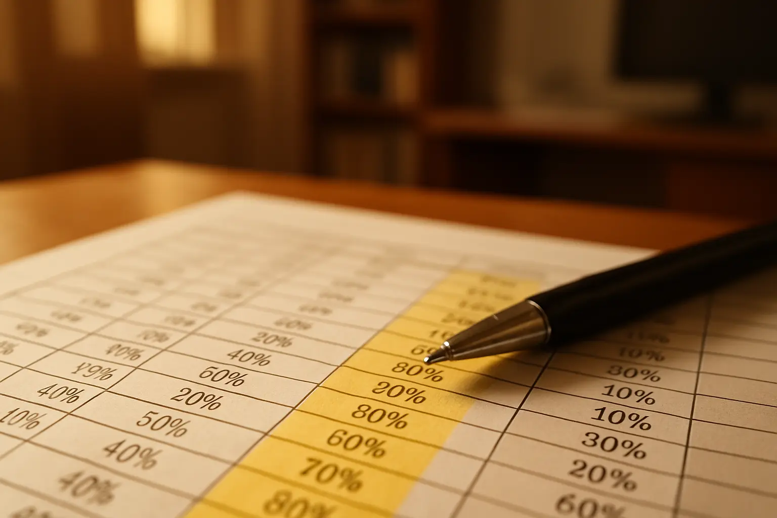 Close-up of a printed data table with a highlighted percentage column on an office desk