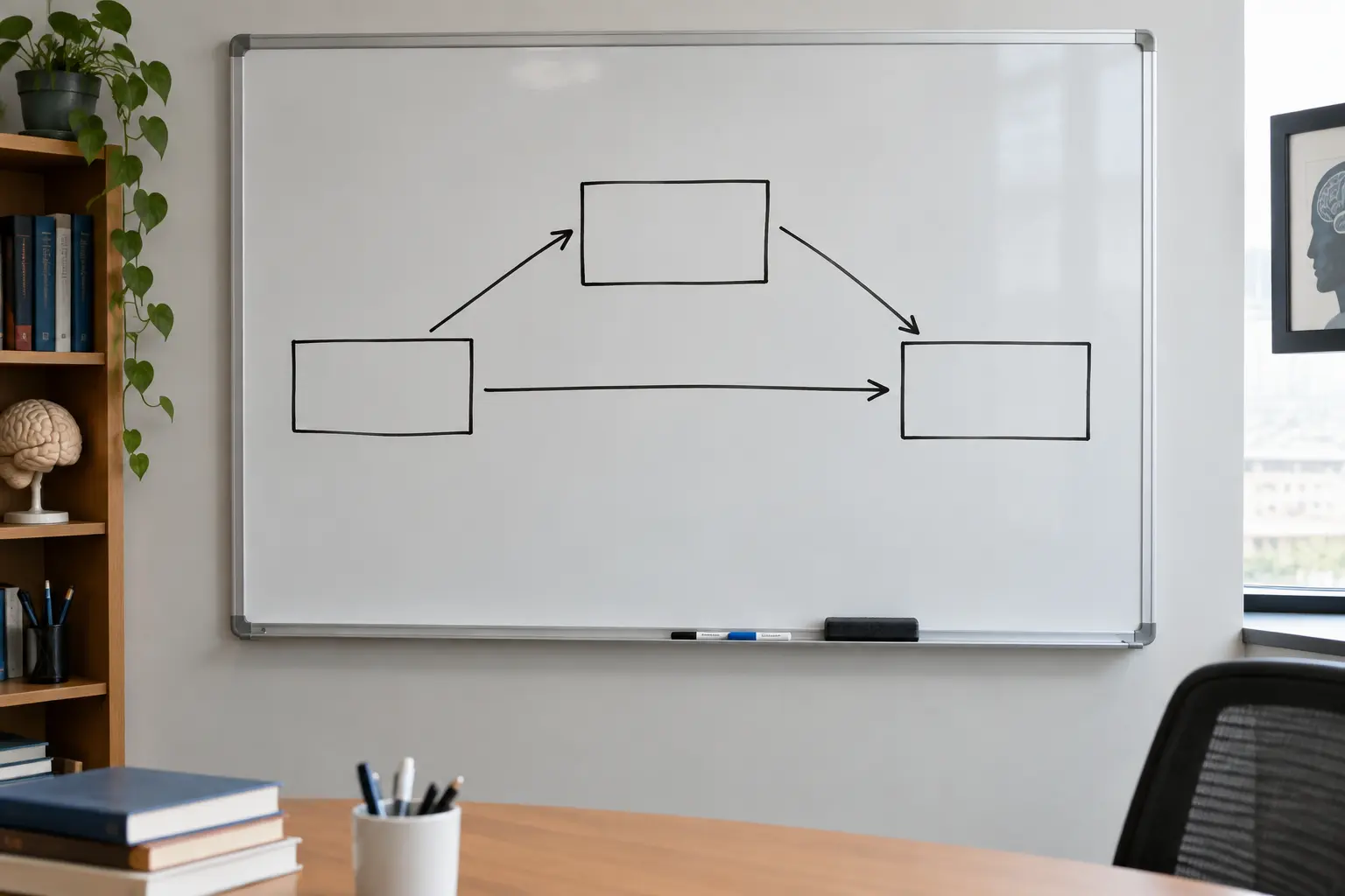 A hand-drawn mediation-model diagram with boxes and arrows on a whiteboard