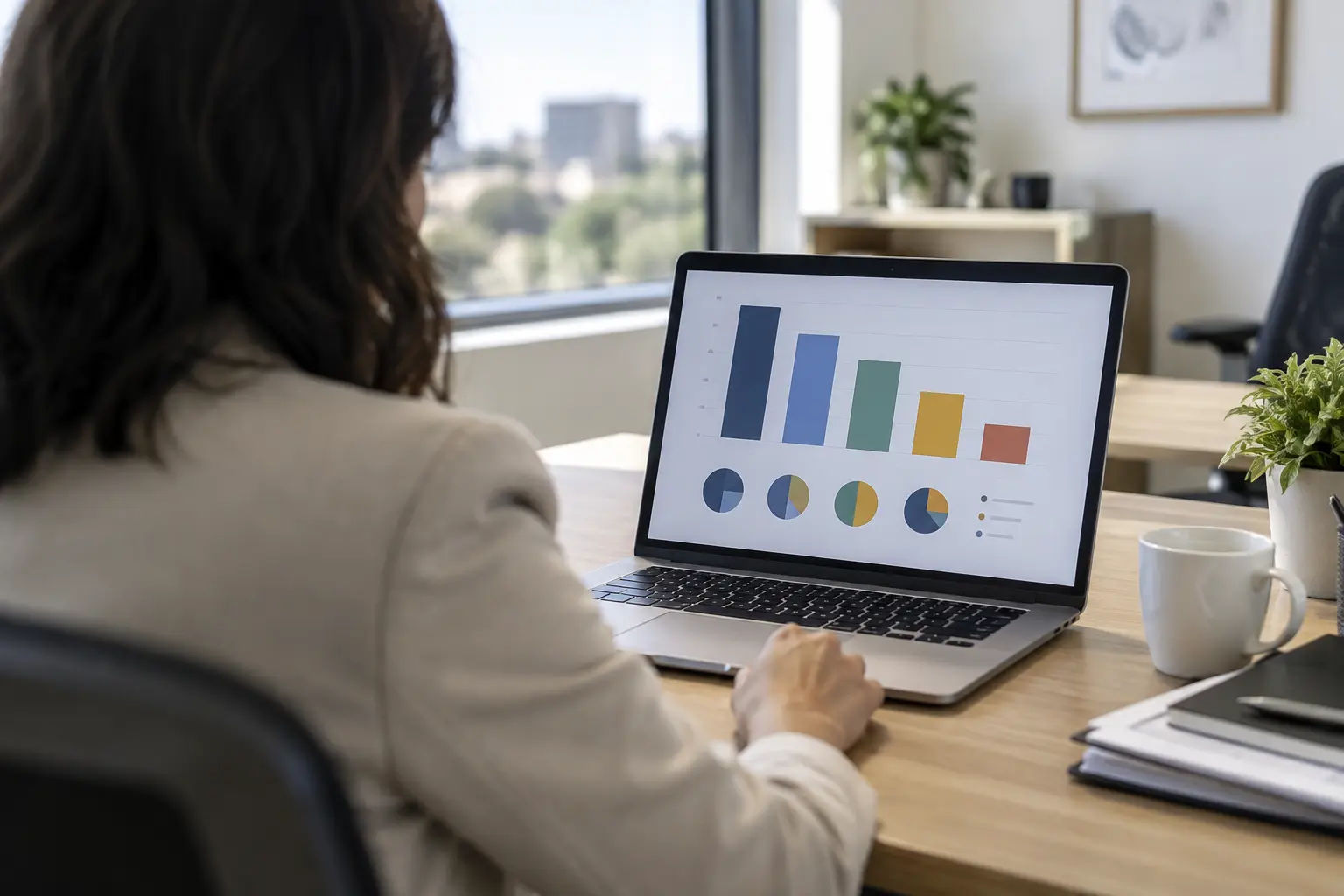 Administrator viewing a proposal-throughput dashboard on a laptop screen