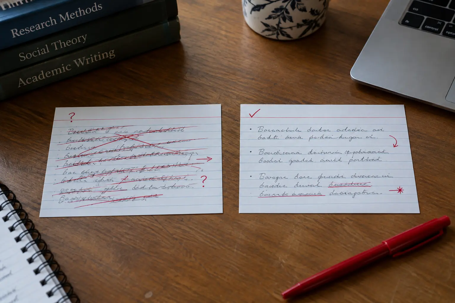 Two index cards comparing a vague hypothesis draft with a revised, testable version