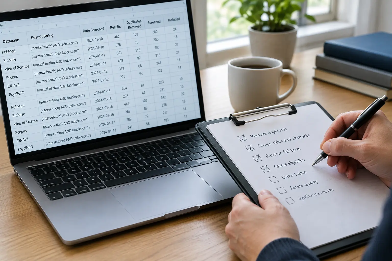A hand writing a checklist beside a laptop showing a search-log spreadsheet