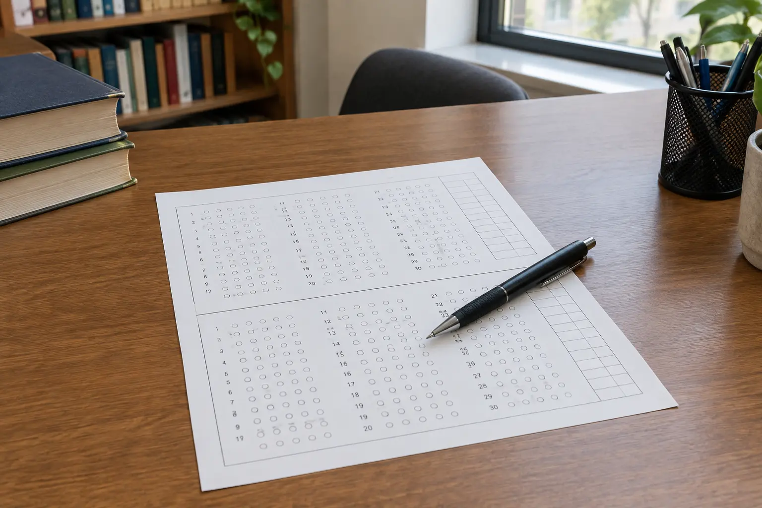 A printed scoring sheet with two distinct sections on an academic office desk