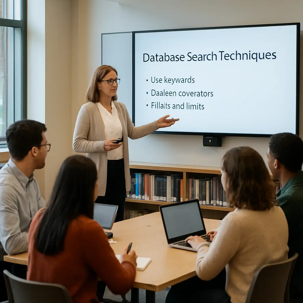 A librarian leads a database search-skill workshop for a cohort of graduate thesis students in a library training room