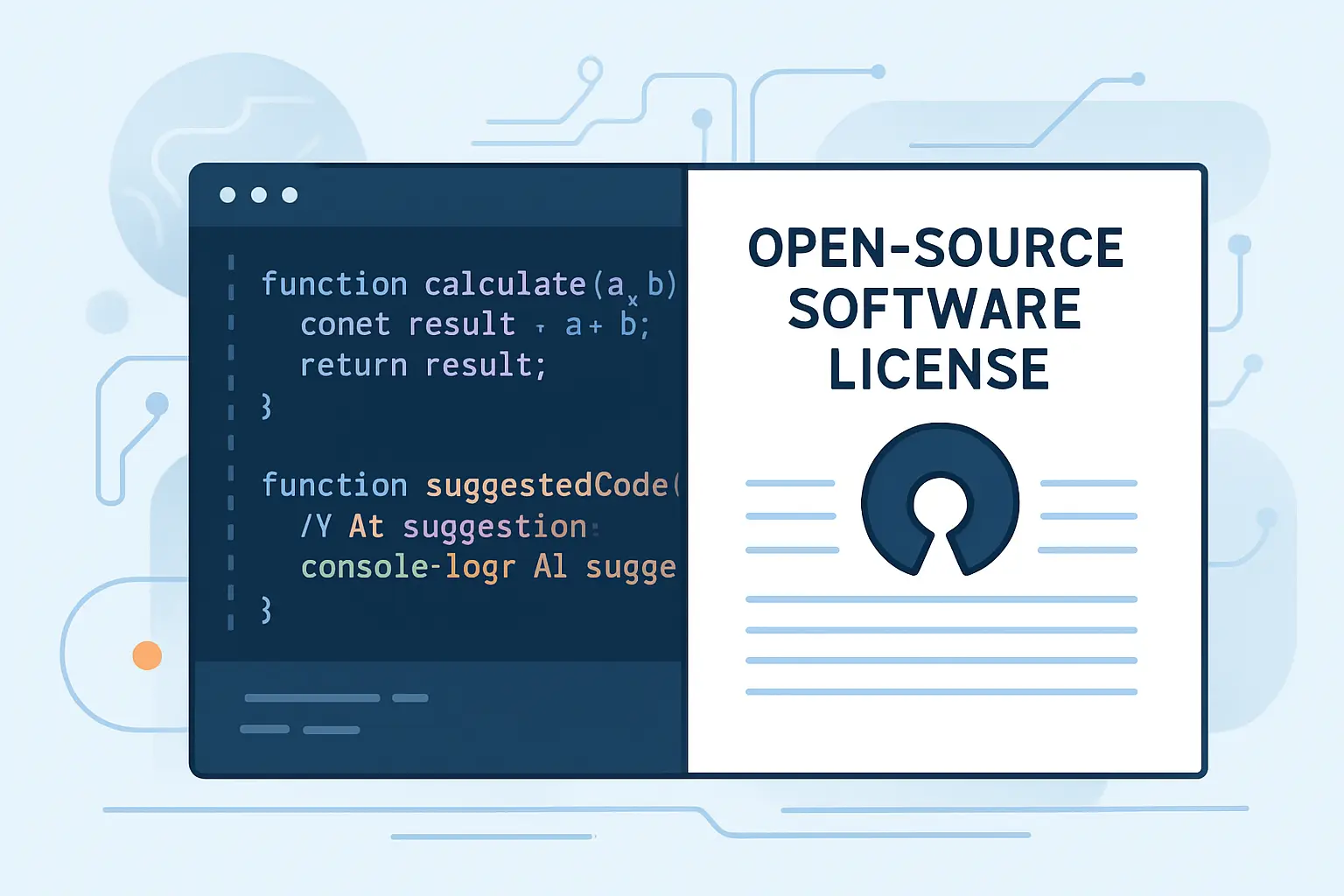 A split screen showing AI-suggested code next to an open-source license notice, illustrating a code provenance check