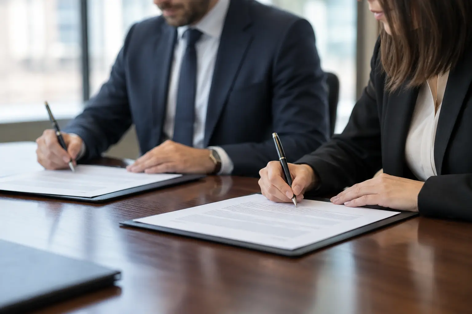Two professionals signing a formal data-sharing agreement at a conference table
