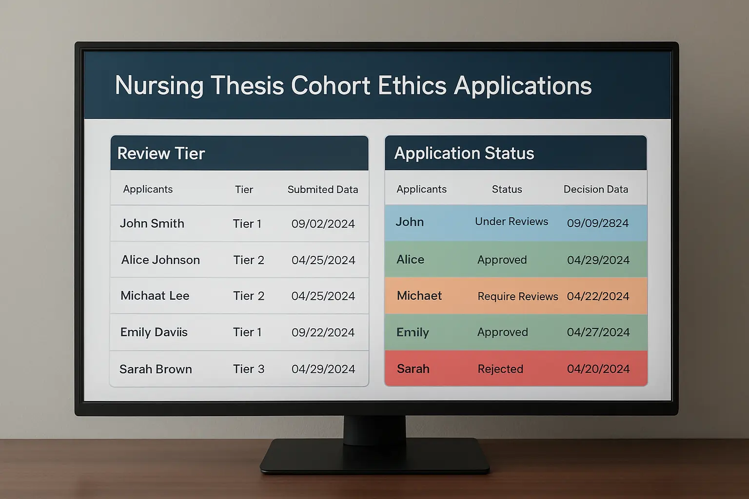 A research office dashboard showing a nursing thesis cohort's applications sorted by review tier and status
