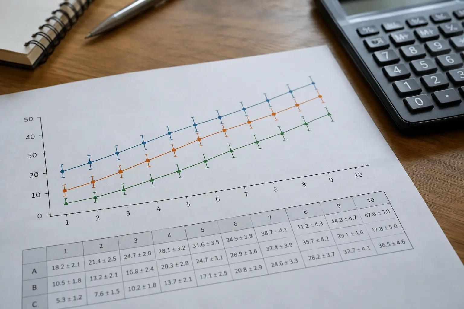 A printed graph with error bars and a data table beside a calculator