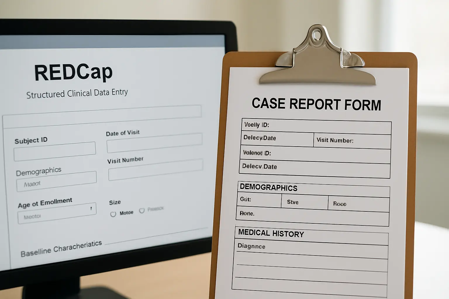 A structured clinical data-entry form on a computer screen next to a printed case report form on a clipboard