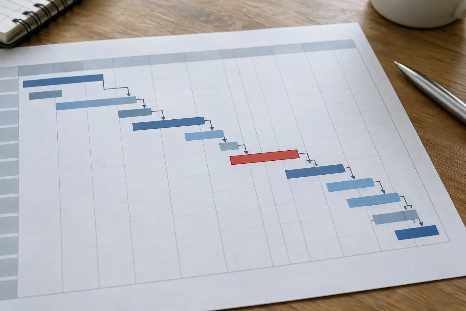 A printed Gantt-style chart with a highlighted bar representing a blocking milestone