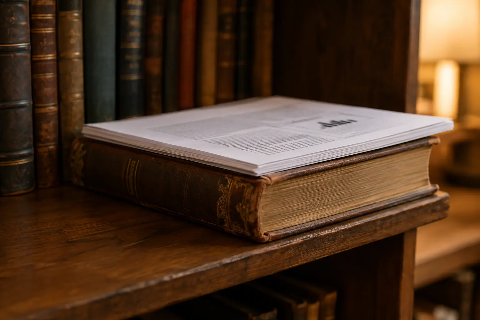 A vintage hardcover book stacked with a modern printed research paper on a library shelf