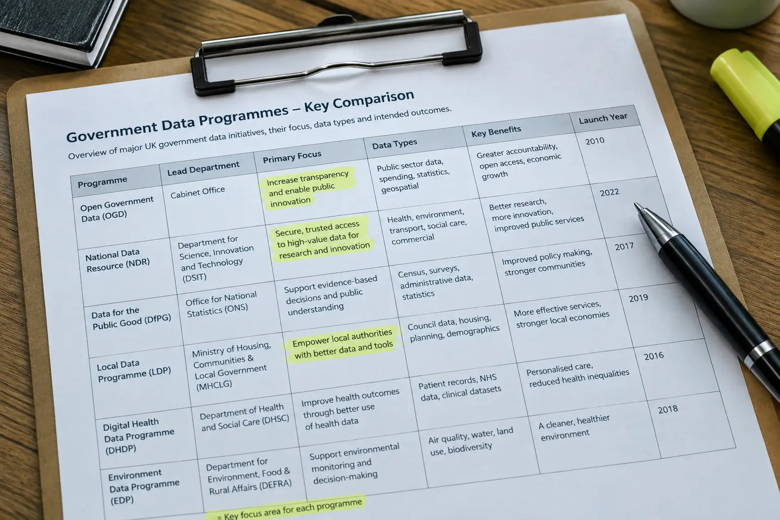 A printed comparison table of data programmes with highlighter marks on a clipboard