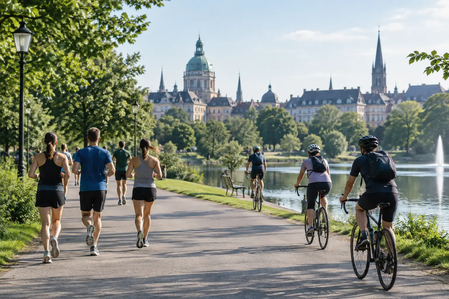Runners and cyclists exercising in a city park on a sunny morning