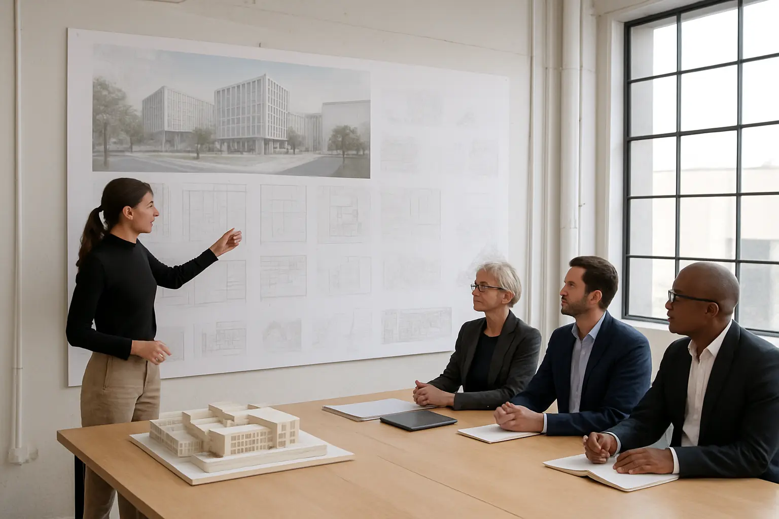 An architecture jury panel reviews a student's final design thesis presentation with drawings and a scale model pinned up in a studio