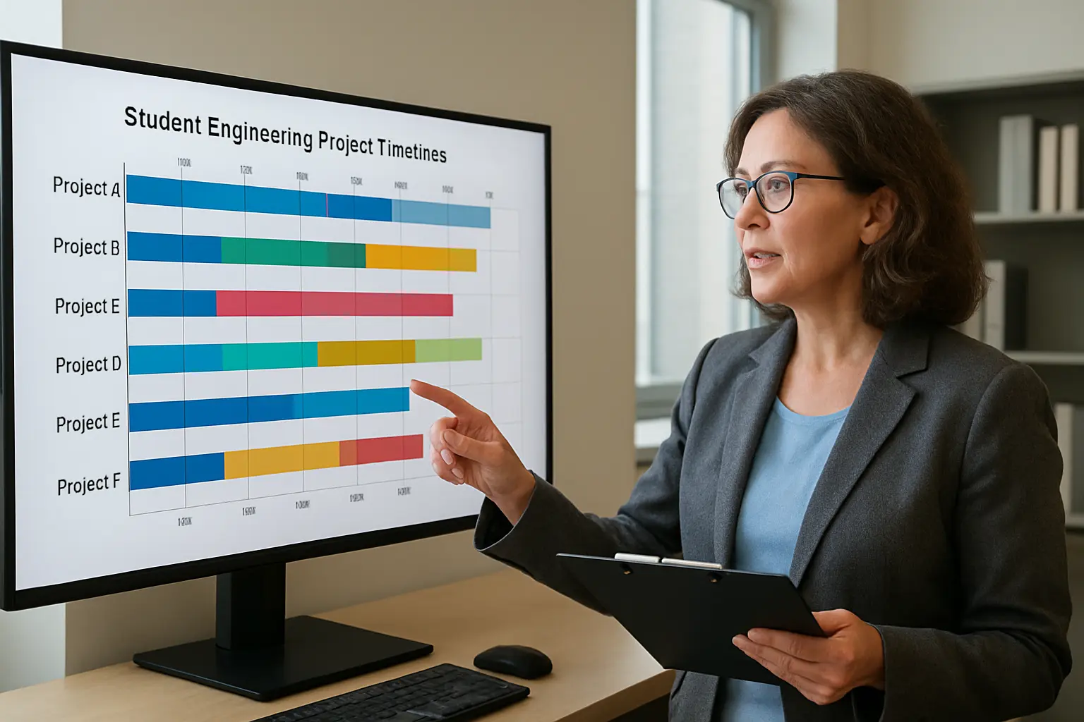 A graduate school administrator reviews a cohort-wide rollup dashboard showing several student project timelines at once
