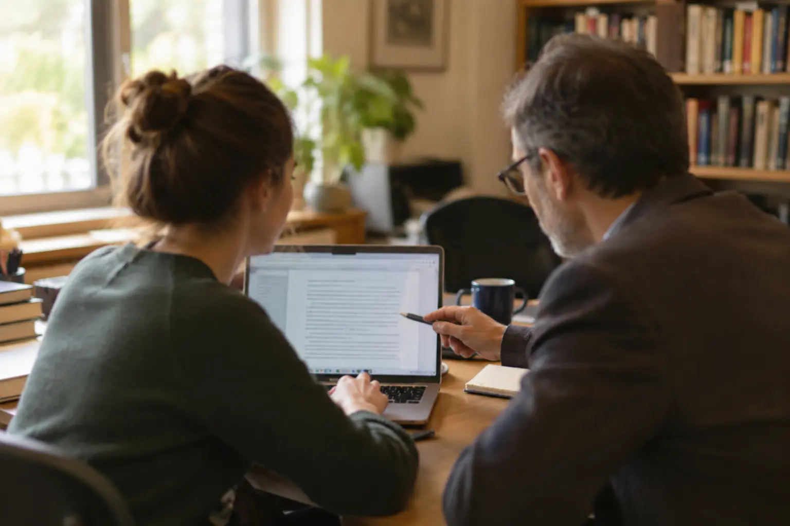 A graduate student and supervisor reviewing a thesis draft together on a laptop