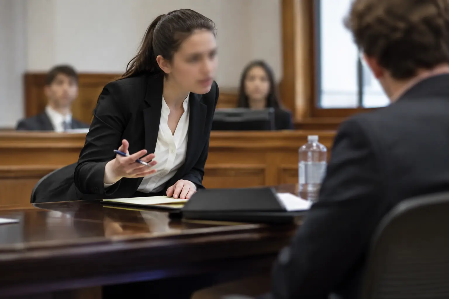 A candidate engaged in live moot-style cross-examination advocacy