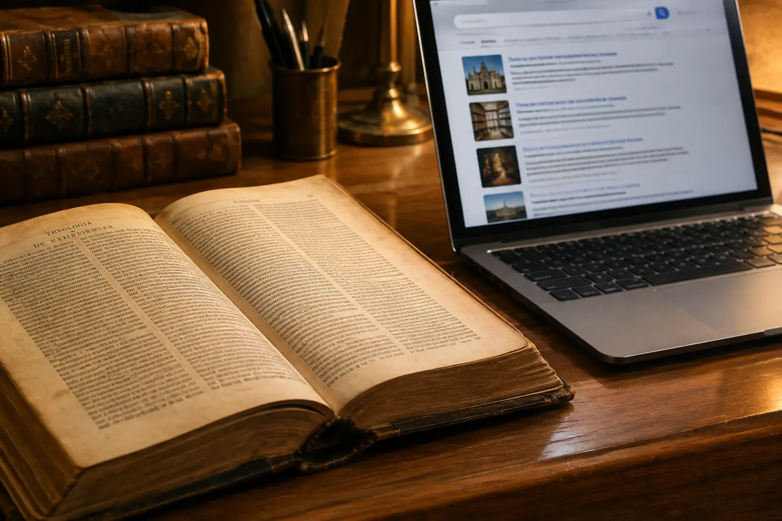 An old leather-bound theology volume open beside a laptop showing search results