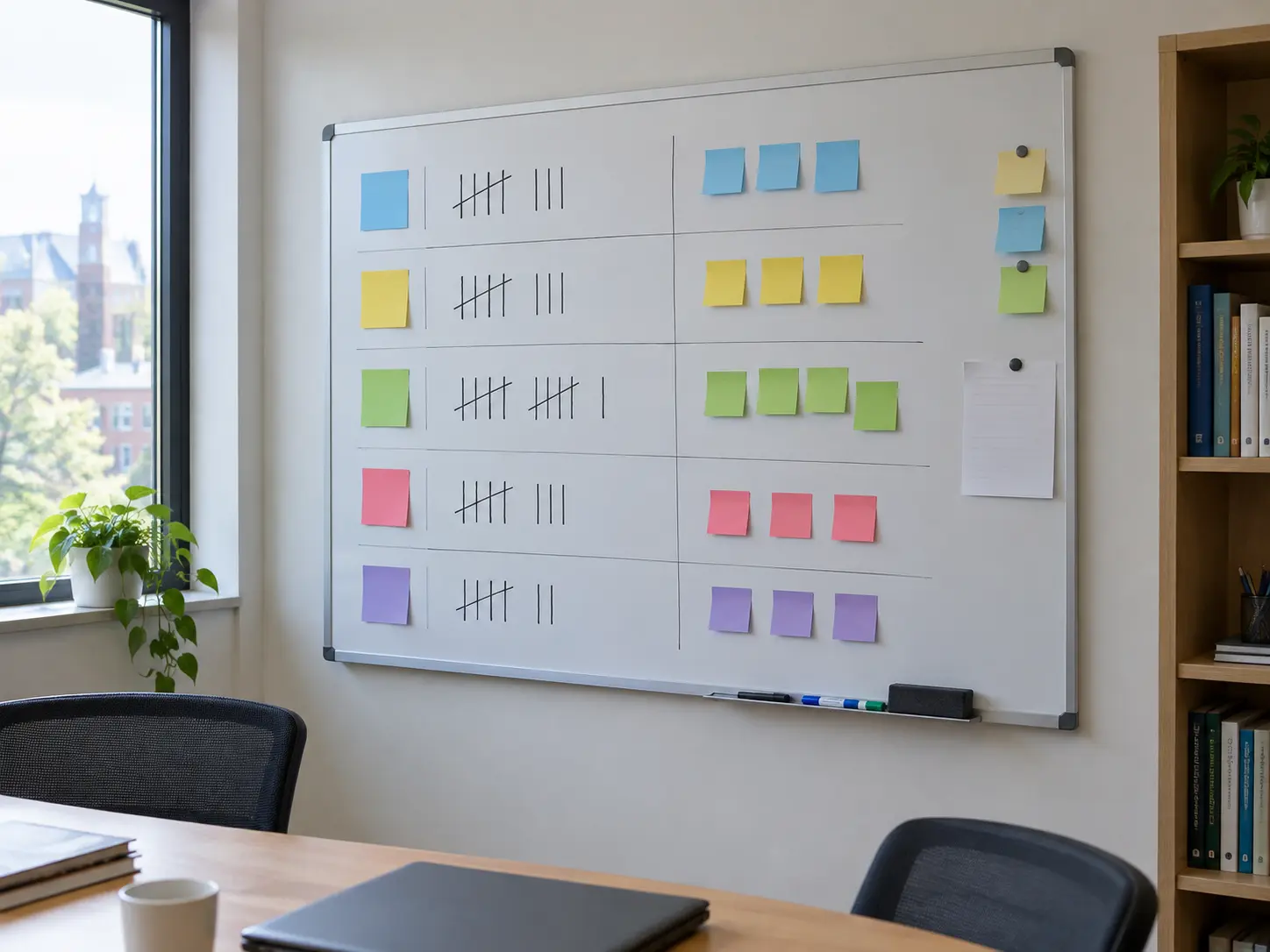 A whiteboard with tally marks and sticky notes tracking recurring review findings