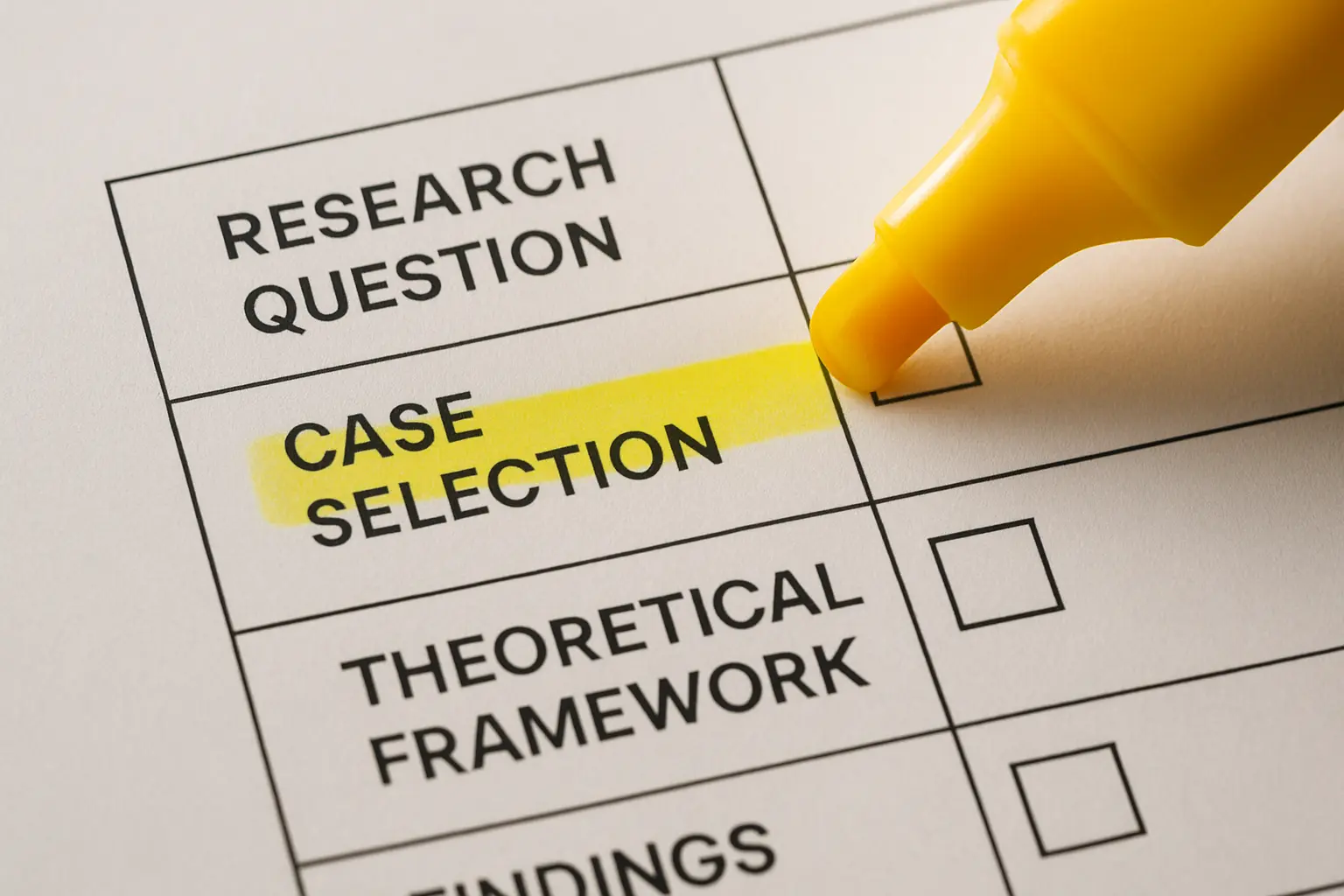 A printed abstract-quality rubric checklist with columns for research question, case selection, framework and finding