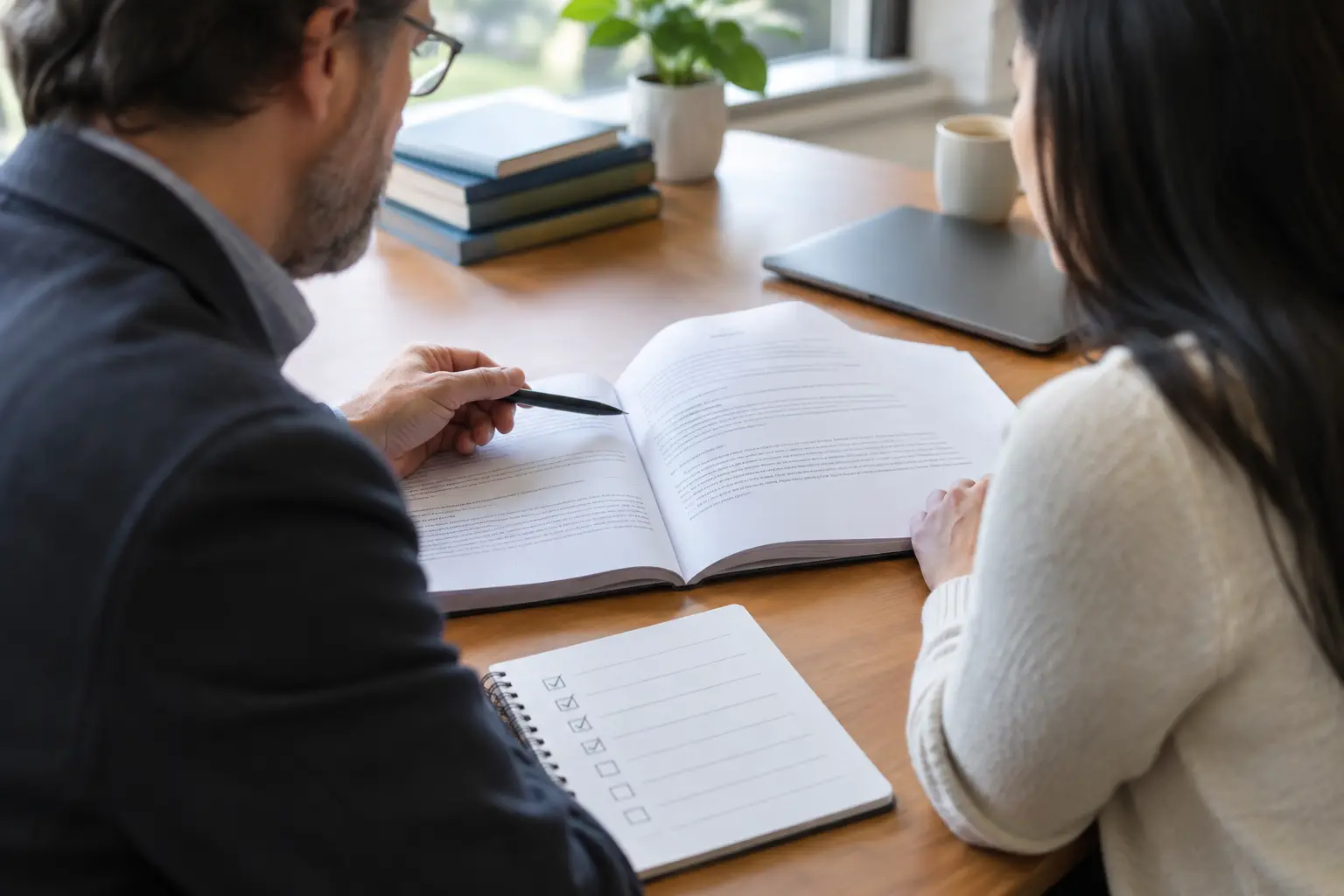 A supervisor and student reviewing a printed thesis chapter with a checklist