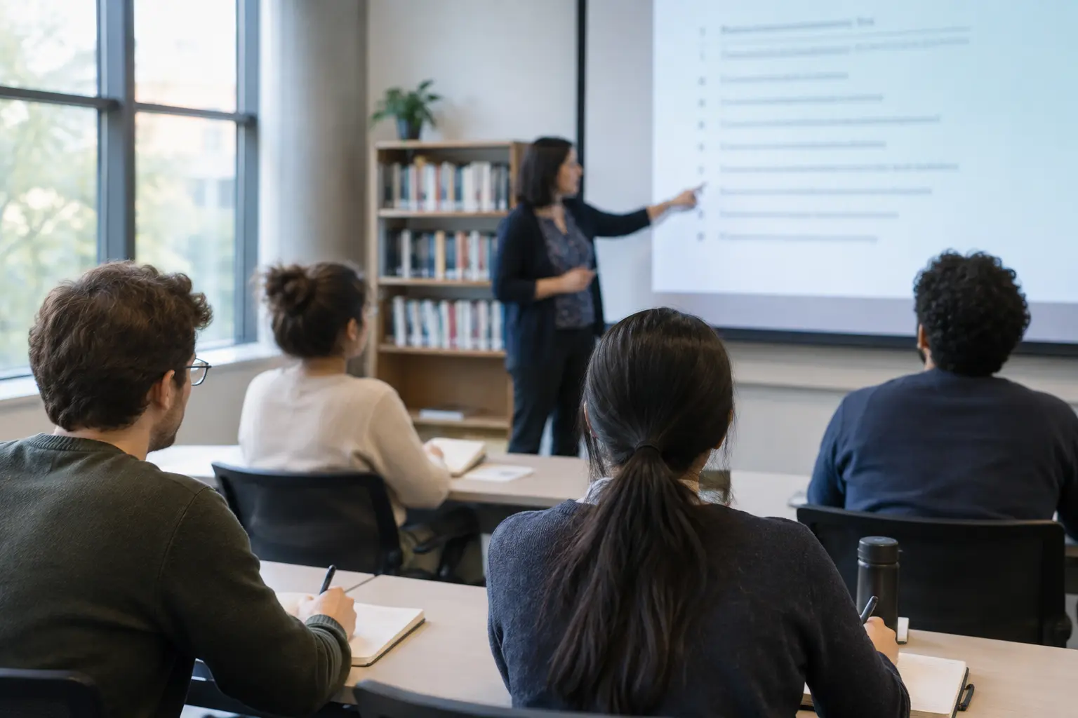 A librarian leading a small seminar orientation session while students take notes