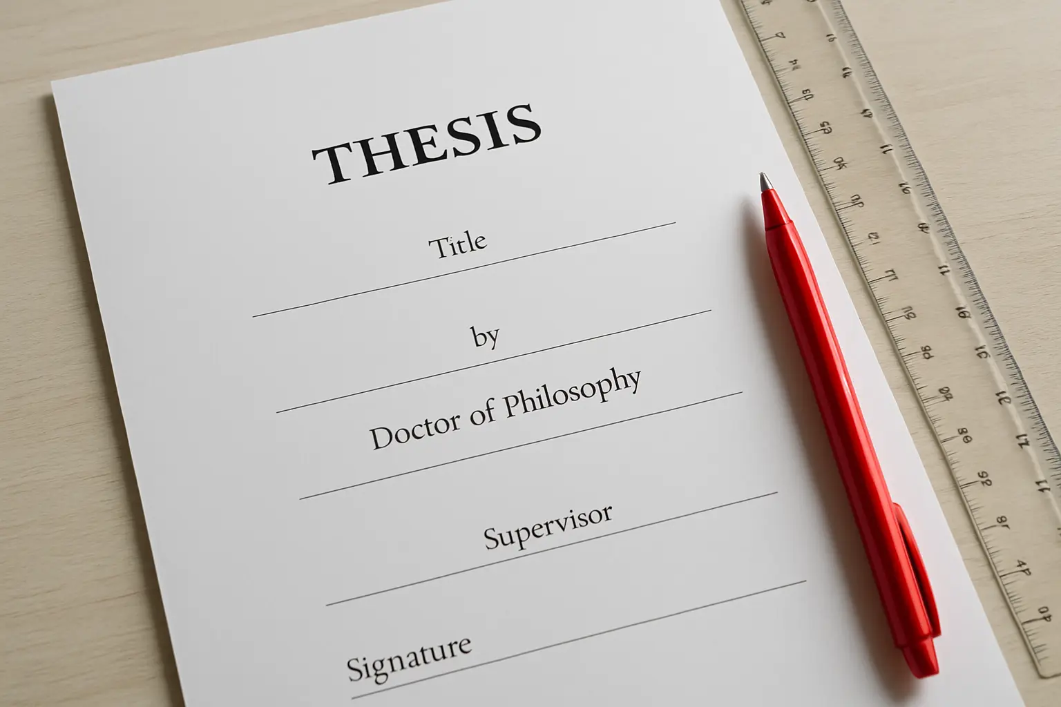 A printed thesis title page with formatted fields for title, author, degree and supervisor, being checked with a ruler and pen