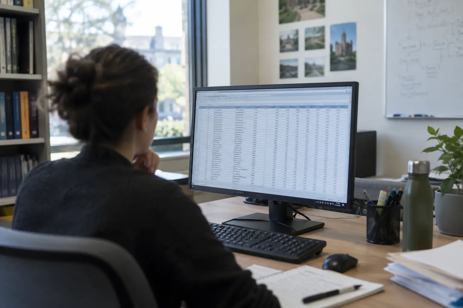 A research coordinator reviewing exported spreadsheet data on a monitor