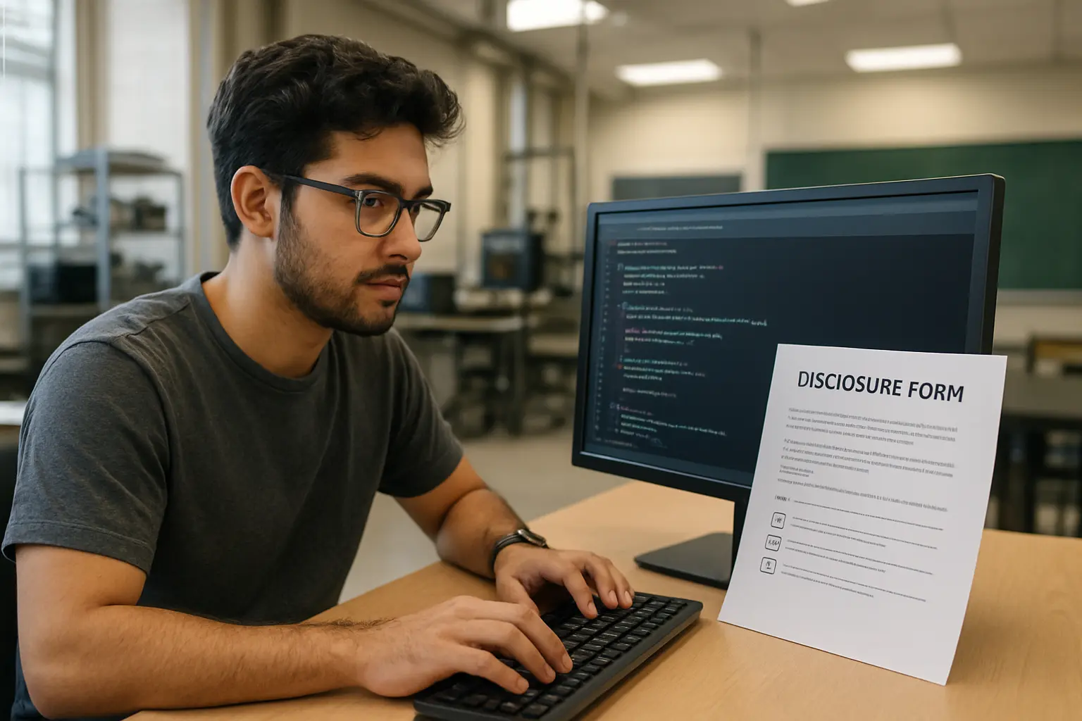 A computer science student reviews AI-suggested code alongside a printed disclosure form on a supervisor's desk