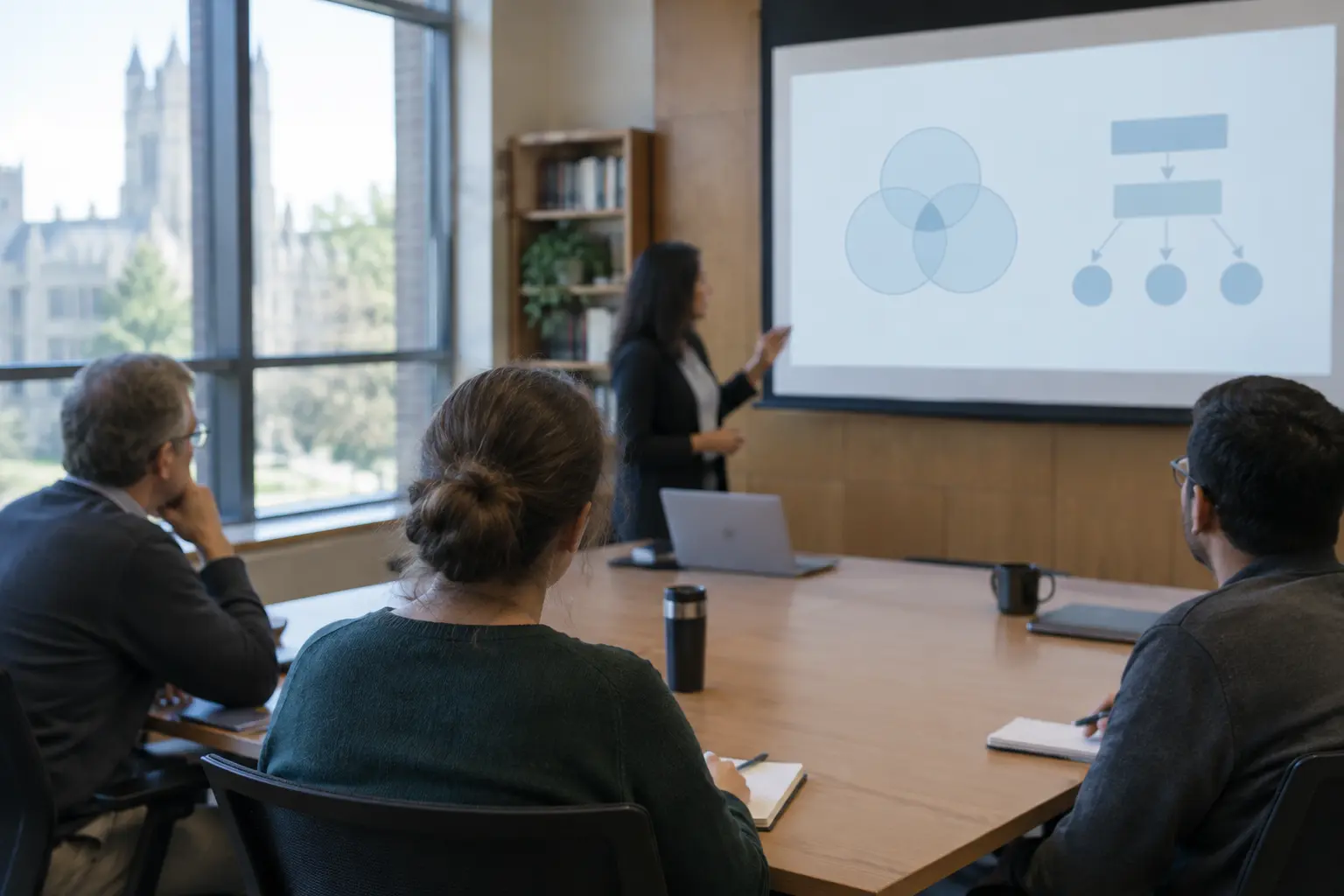 Faculty members in a briefing session around a table with a presentation screen