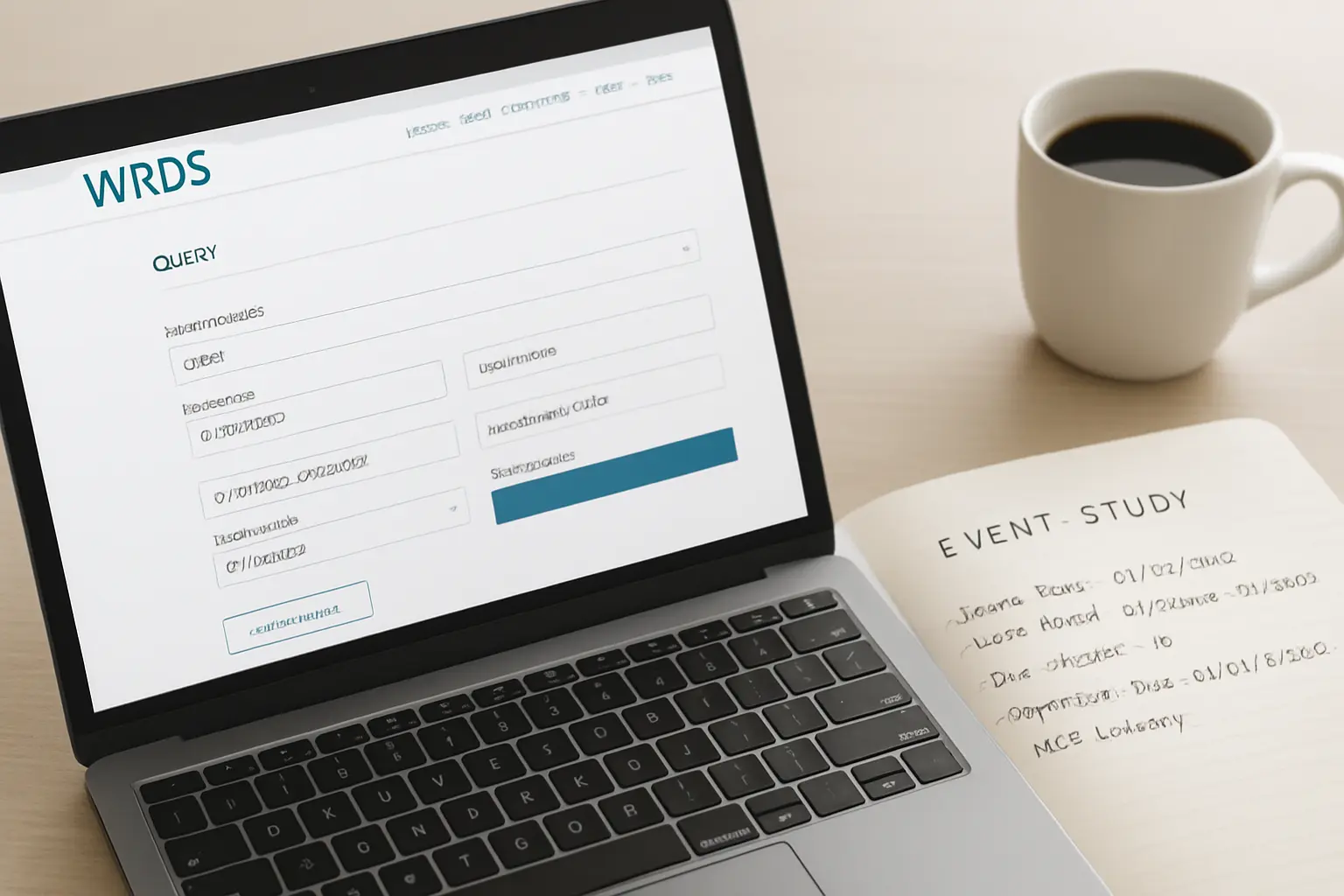A laptop screen shows a financial research database query interface next to handwritten event-study notes