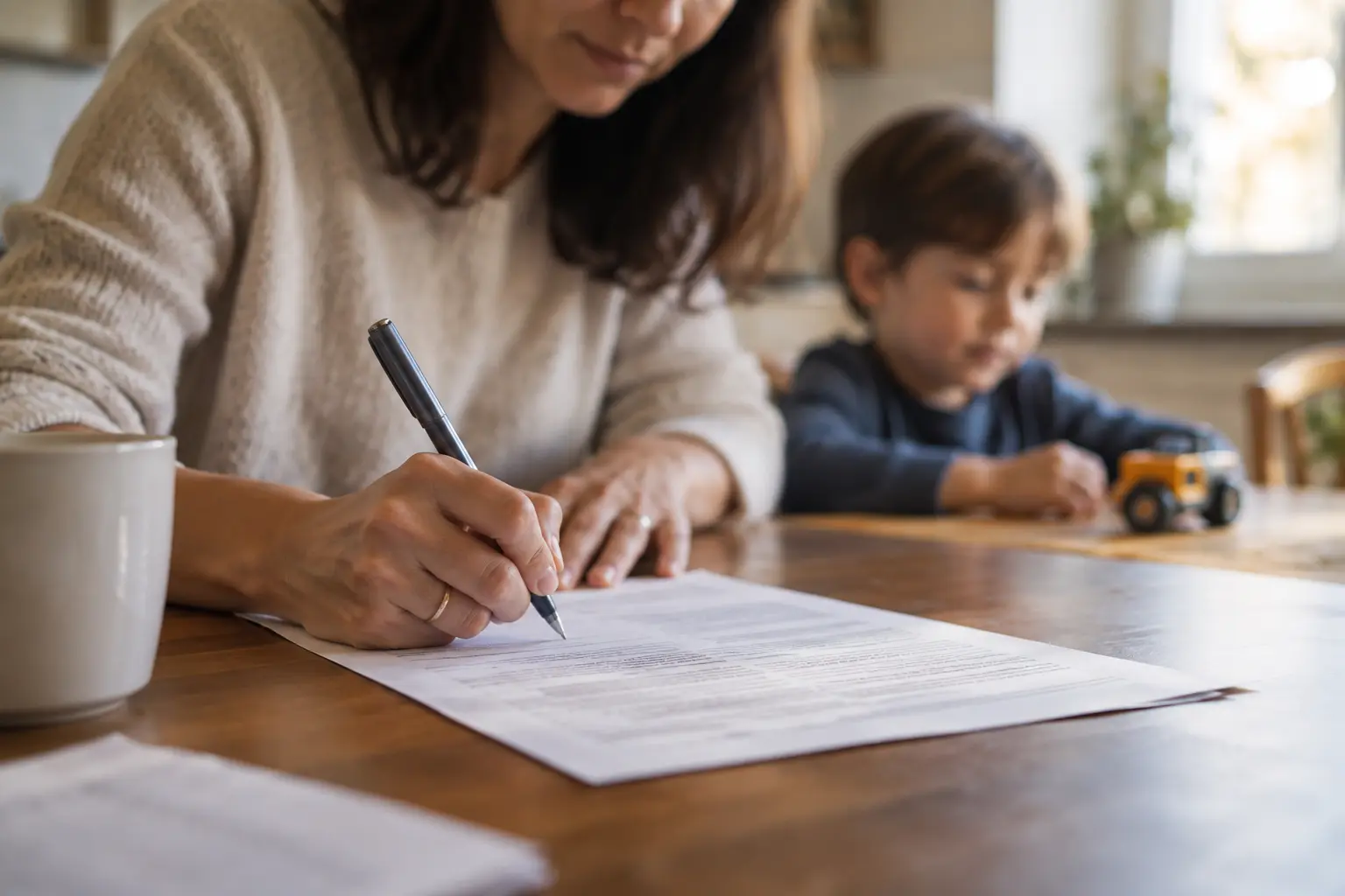 A parent signing a printed permission form at a kitchen table