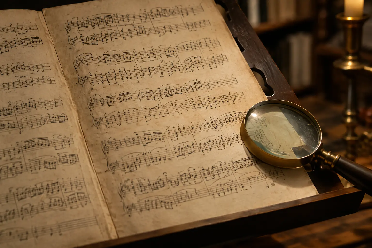 A close-up of an old printed music score on a reading stand with a magnifying glass