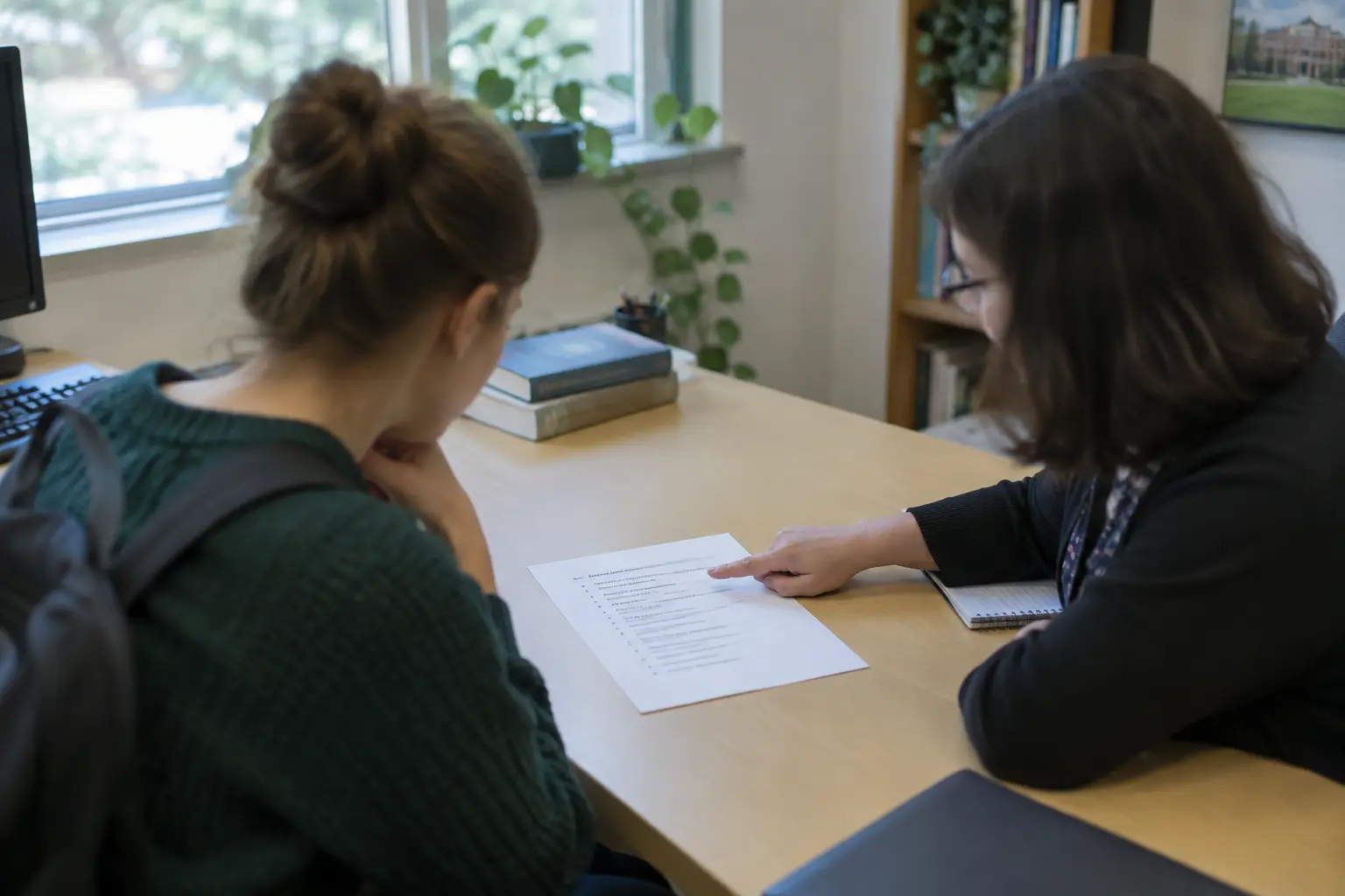 A student and advisor reviewing a printed topic shortlist together
