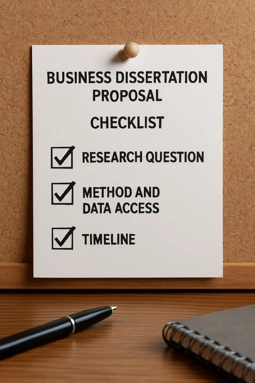 A checklist for a business dissertation proposal covering research question, method and data access, pinned above a desk