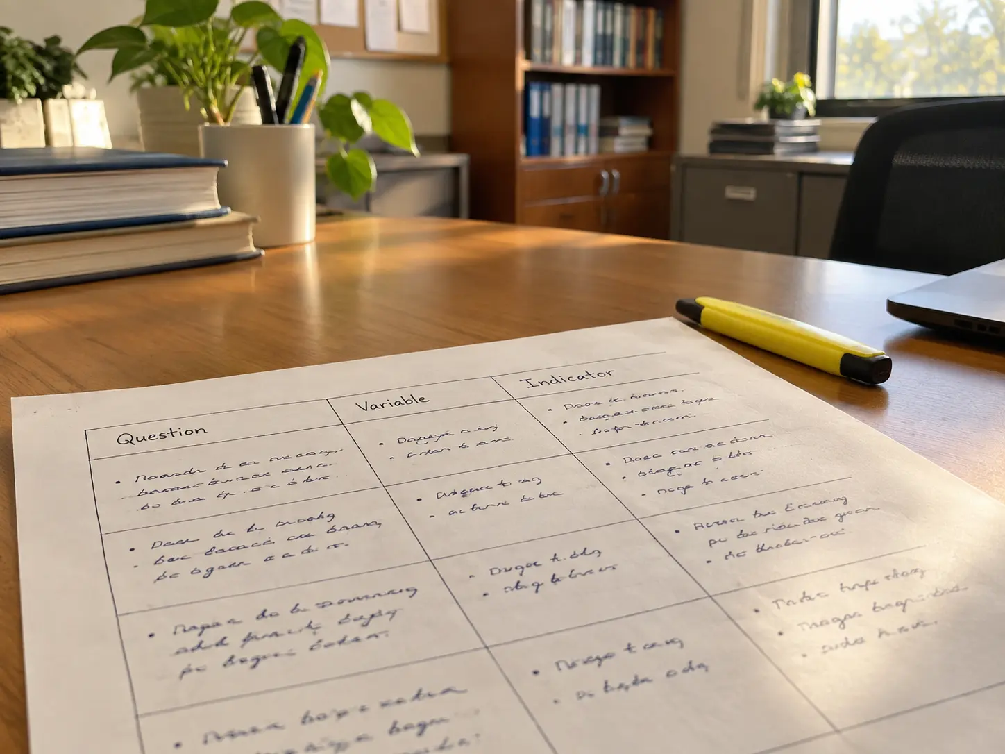 Close-up of a handwritten table mapping research questions to variables and indicators
