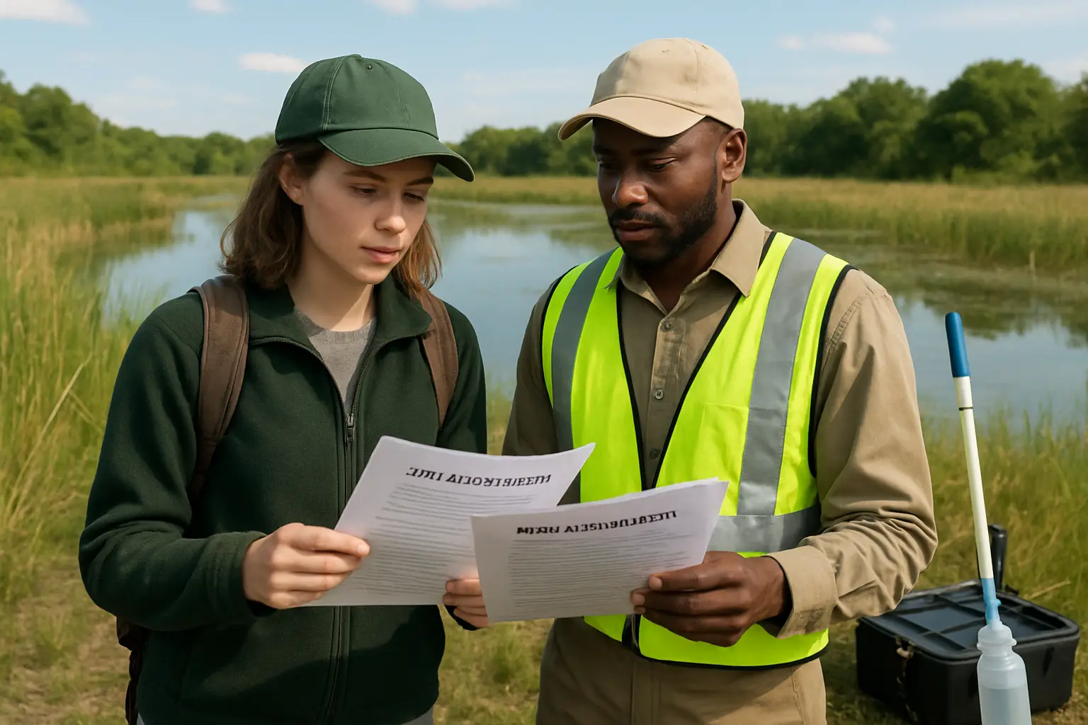An environmental science student and supervisor review site-access permit paperwork at the edge of a protected nature reserve before sampling
