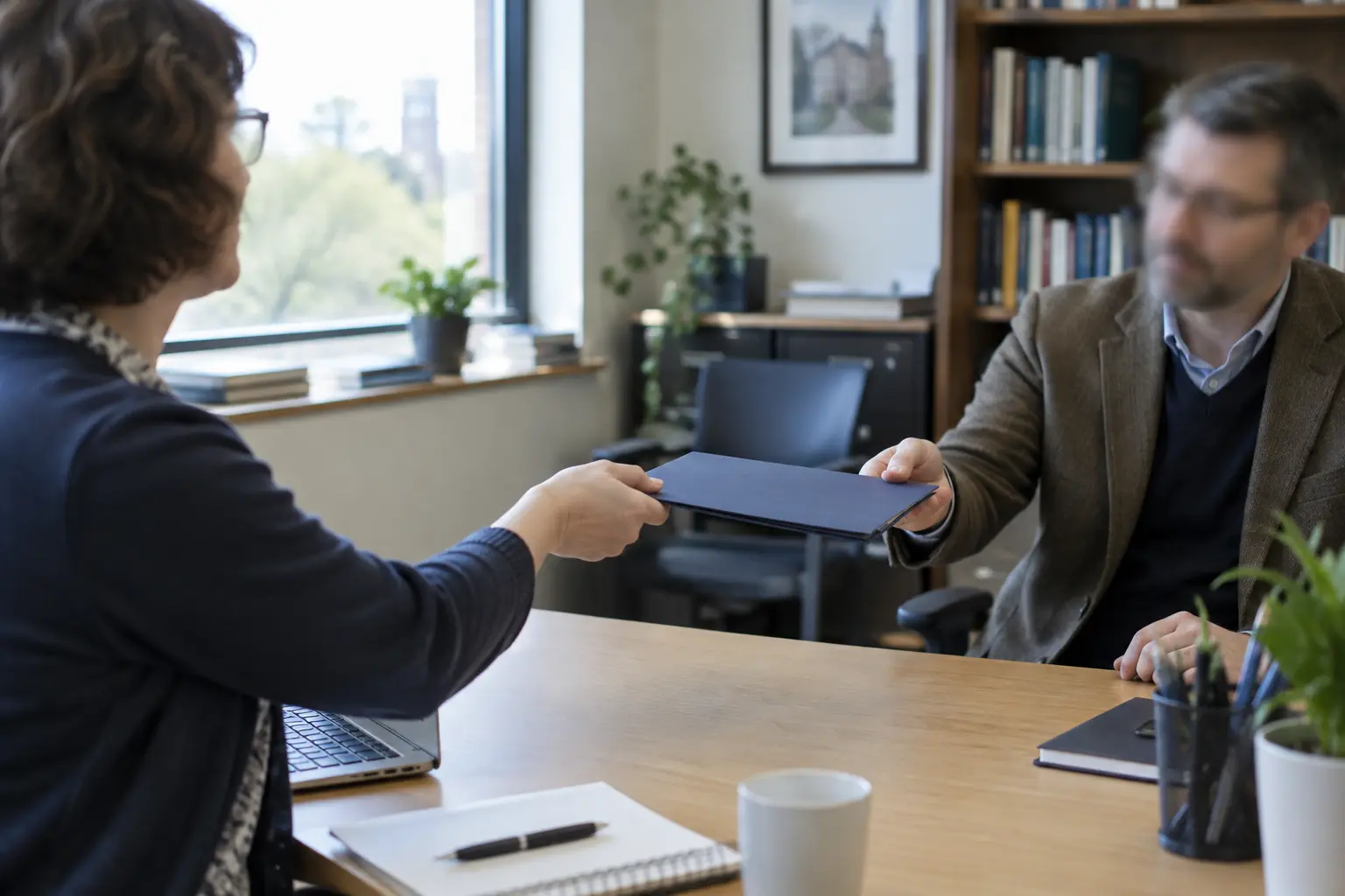 Two academic staff members in a brief handoff meeting, one passing a folder to the other