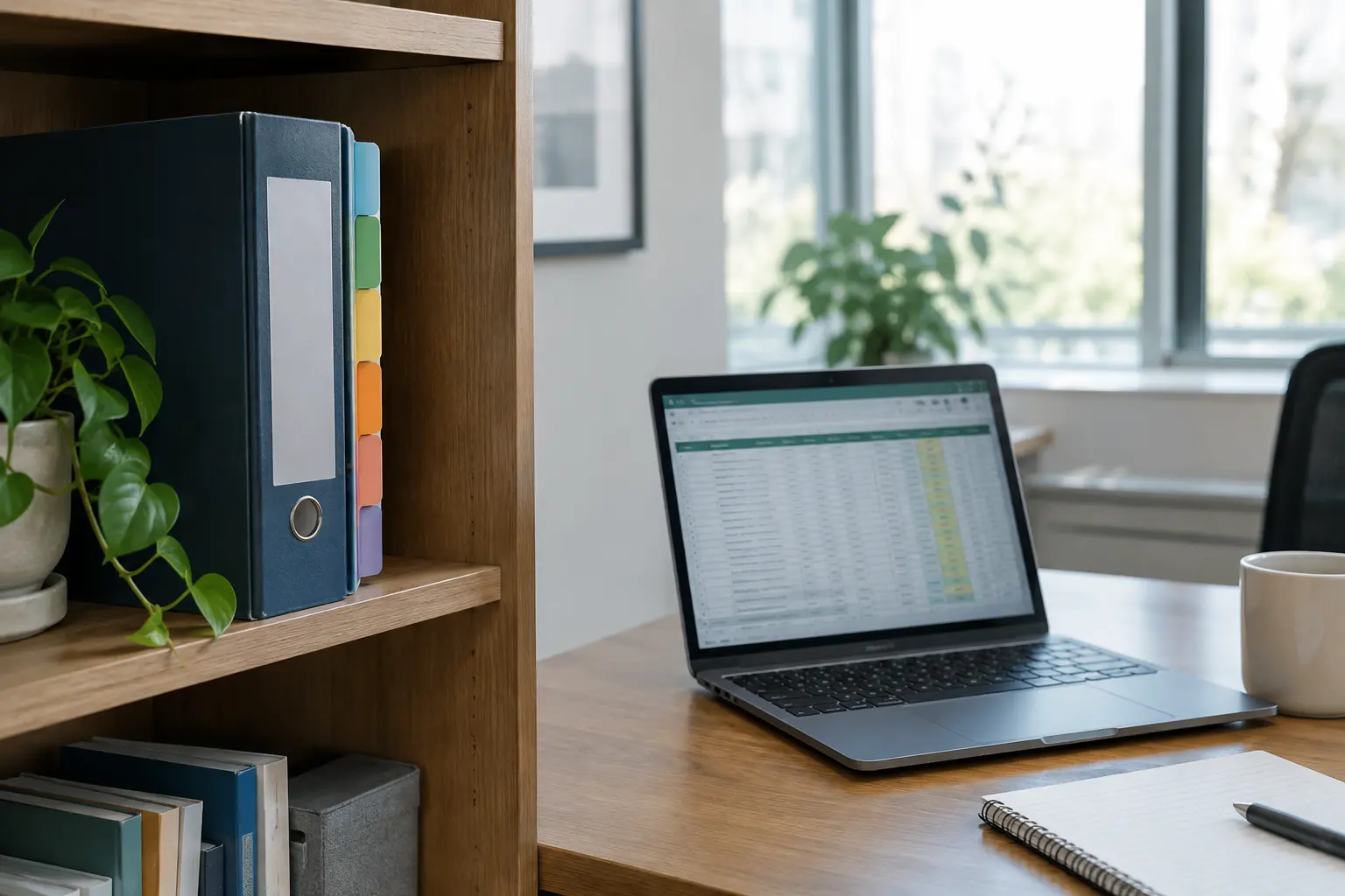 A tabbed binder on a shelf next to a laptop showing a partnership log spreadsheet