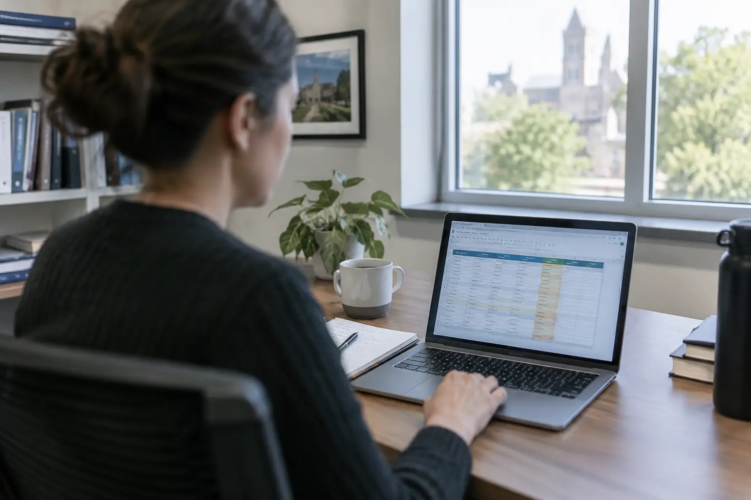 A department coordinator updating a shared spreadsheet on a computer screen