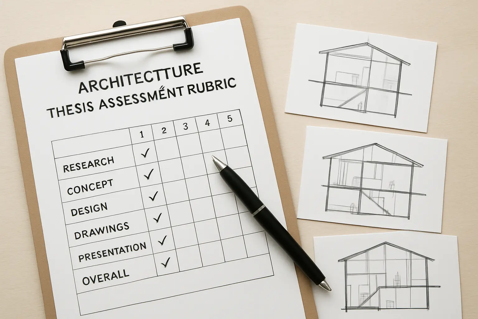 A printed rubric-aligned score sheet on a clipboard next to architectural section drawings during a thesis defence