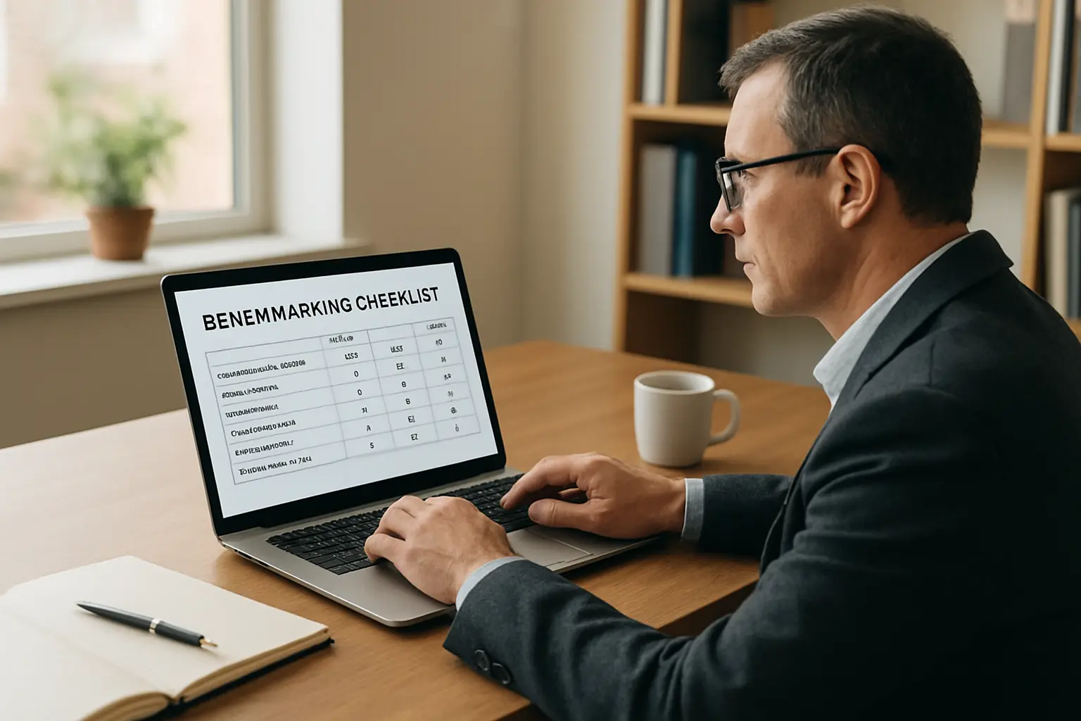A university administrator works through a benchmarking checklist spreadsheet comparing thesis-format regulations on a laptop