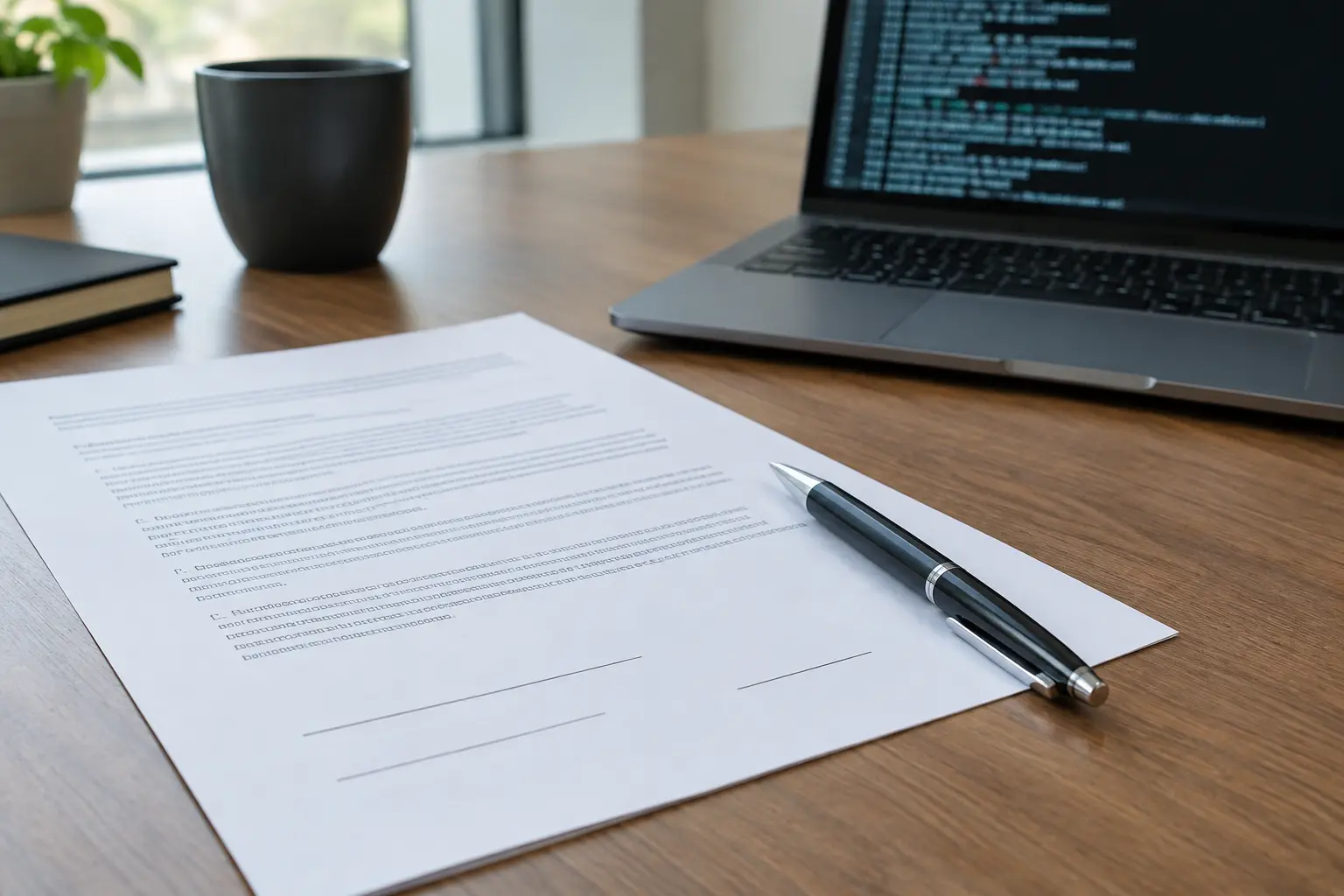 A printed authorisation document with a signature line beside a laptop showing terminal output
