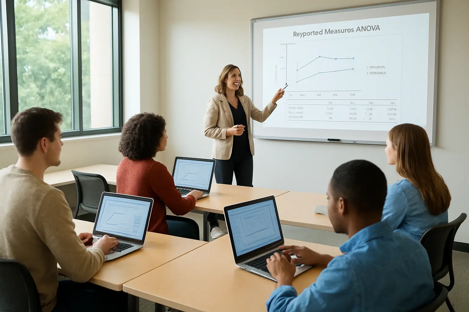 An instructor demonstrates repeated-measures analysis software to allied-health graduate students in a training room