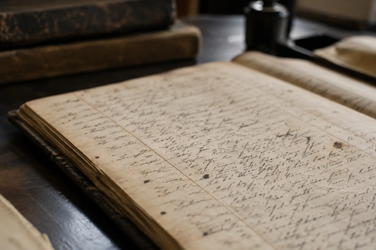 A close-up of an old handwritten parish ledger page on an archival desk