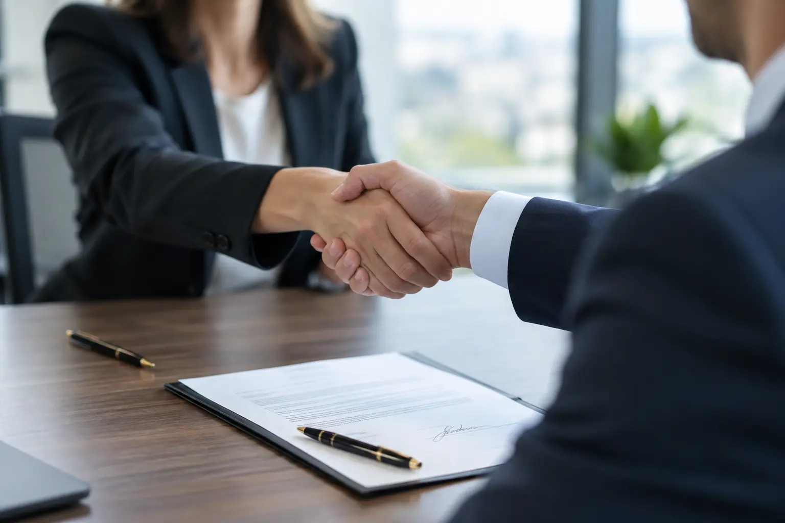 Two professionals shaking hands over a signed agreement document on a conference table