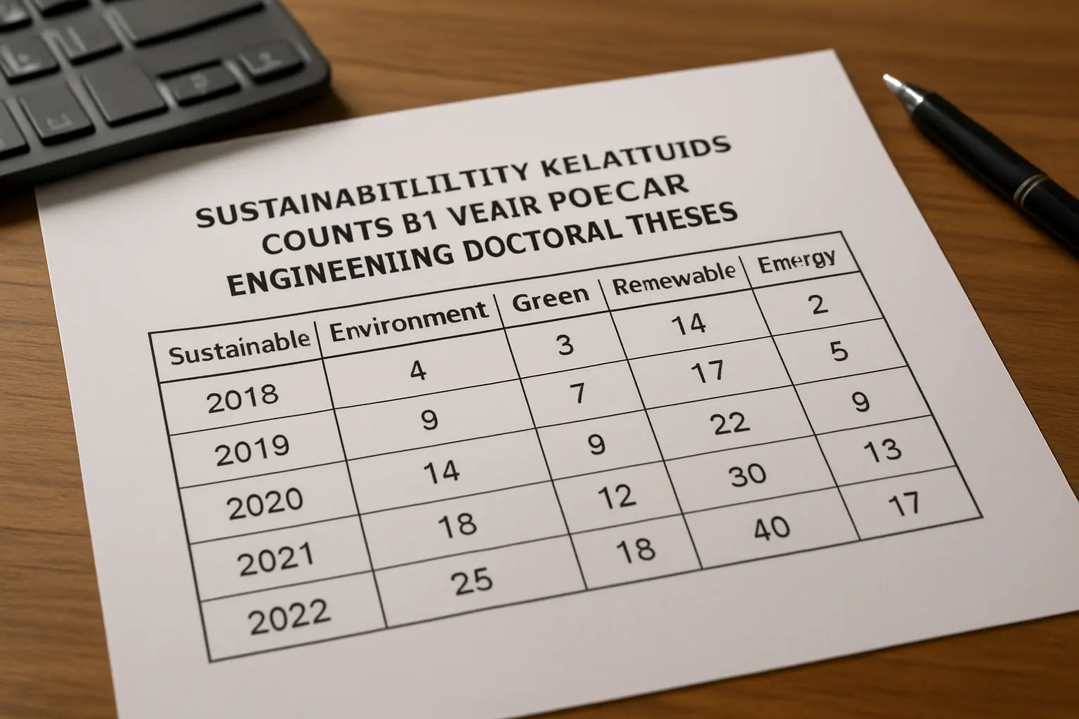 A line chart style visualization of the rising share of sustainability-keyword civil engineering doctoral theses from 2018 to 2024