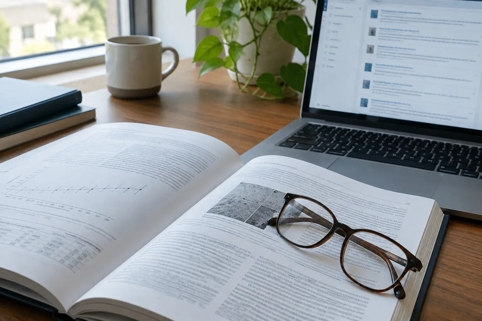 An open academic journal next to a laptop showing a database results list