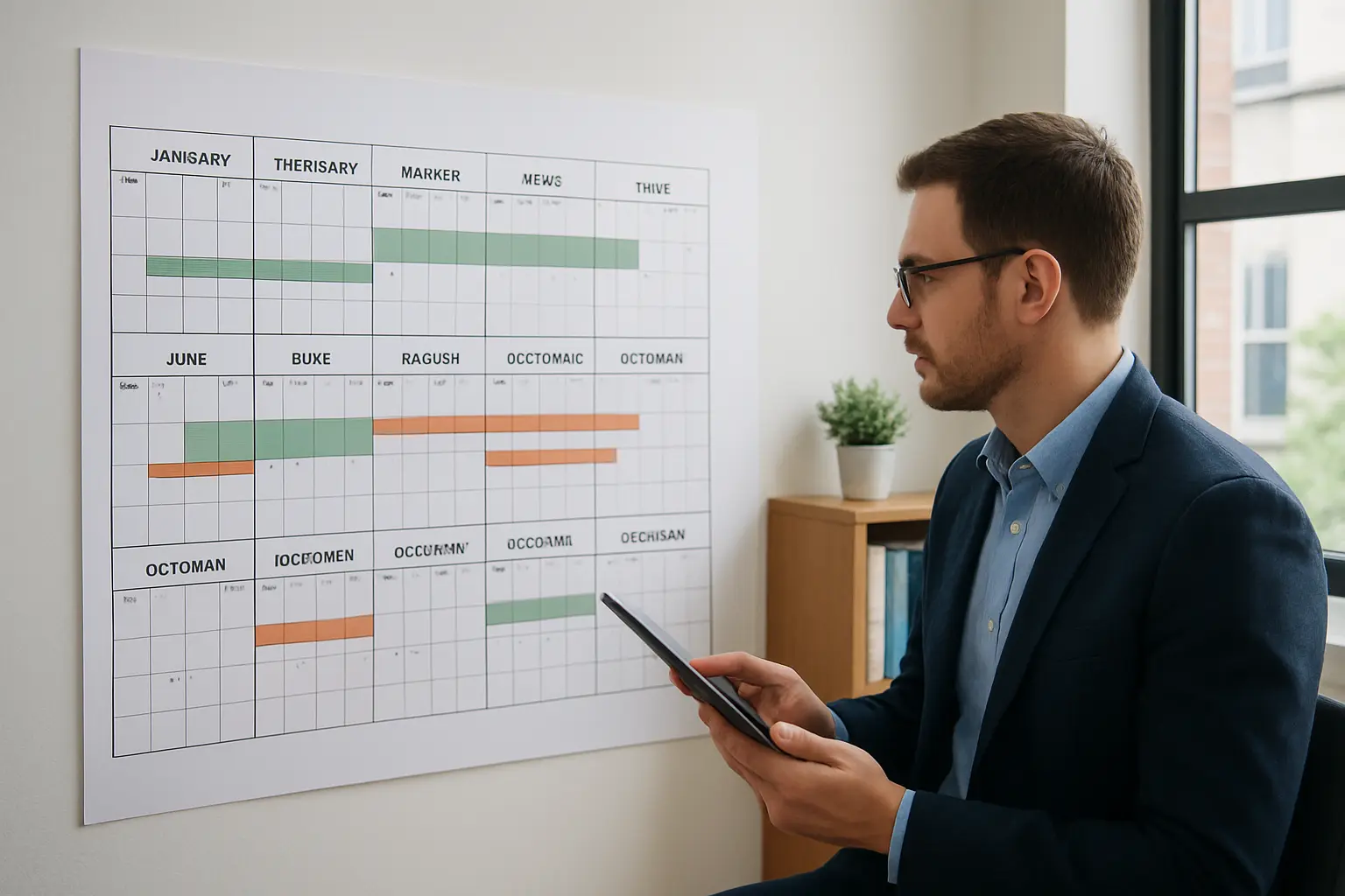 A department planner reviews a wall calendar marking seasonal fieldwork windows and supervisor site-visit schedules