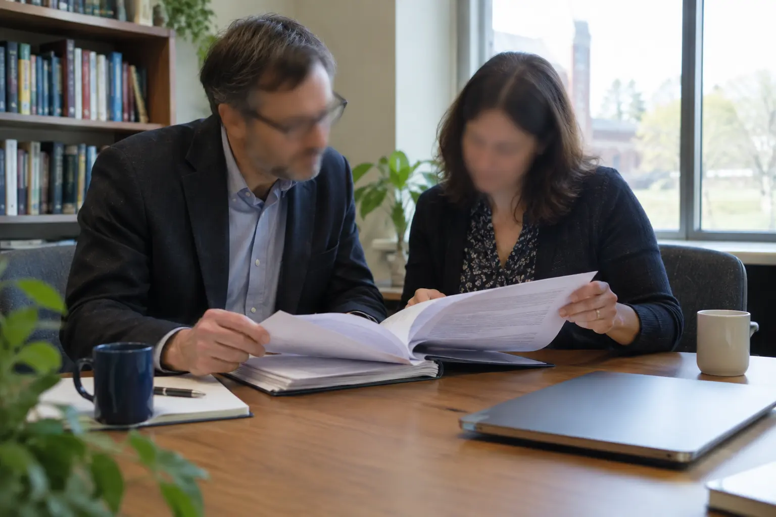Two committee members reviewing a printed proposal document together