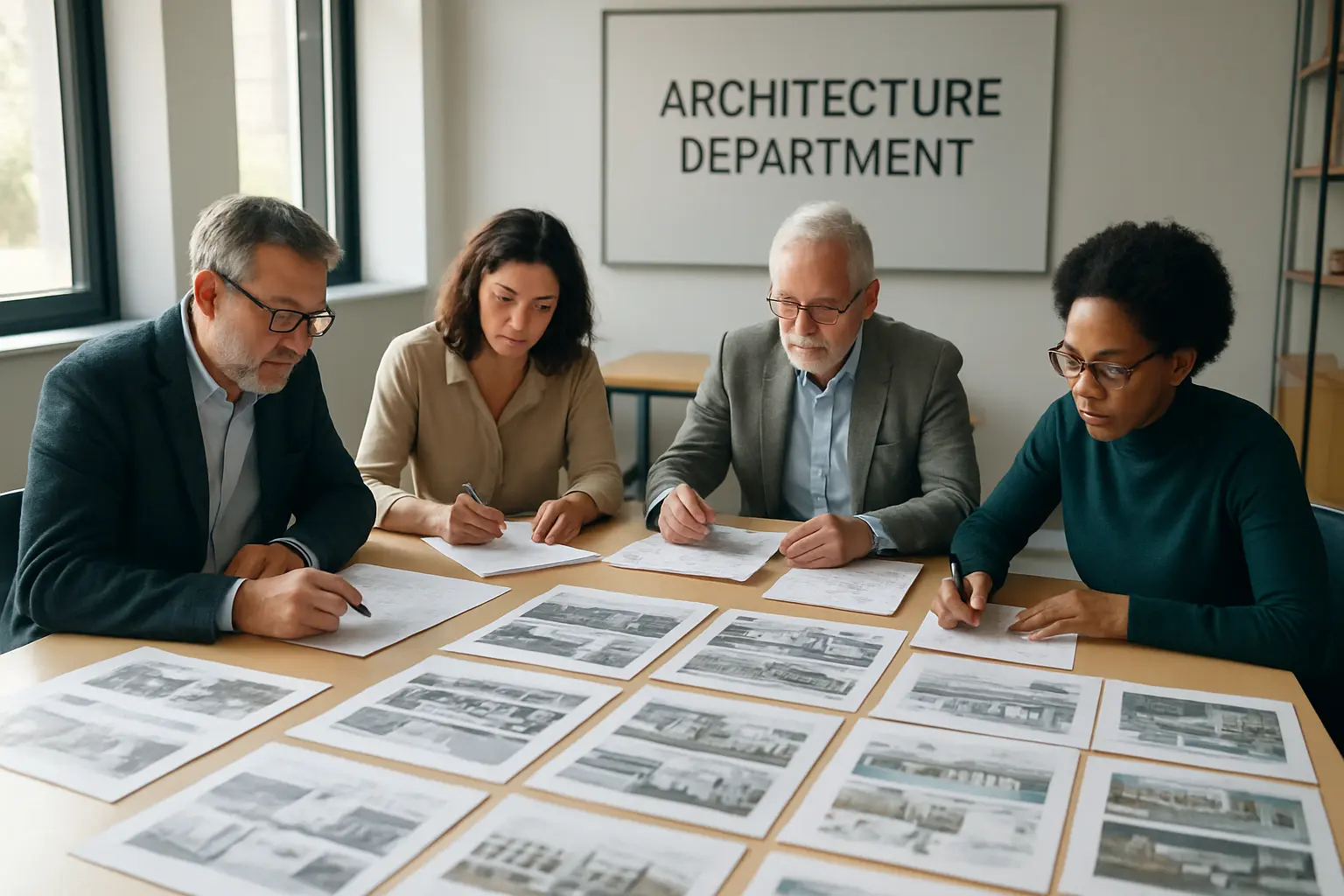 Architecture jury chairs compare student portfolios during a cross-studio moderation meeting before grades are finalised